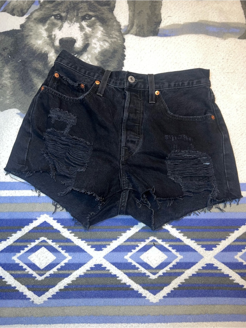 Women’s 501 Distressed Black Buttonfly High Waisted Levi Jean Shorts